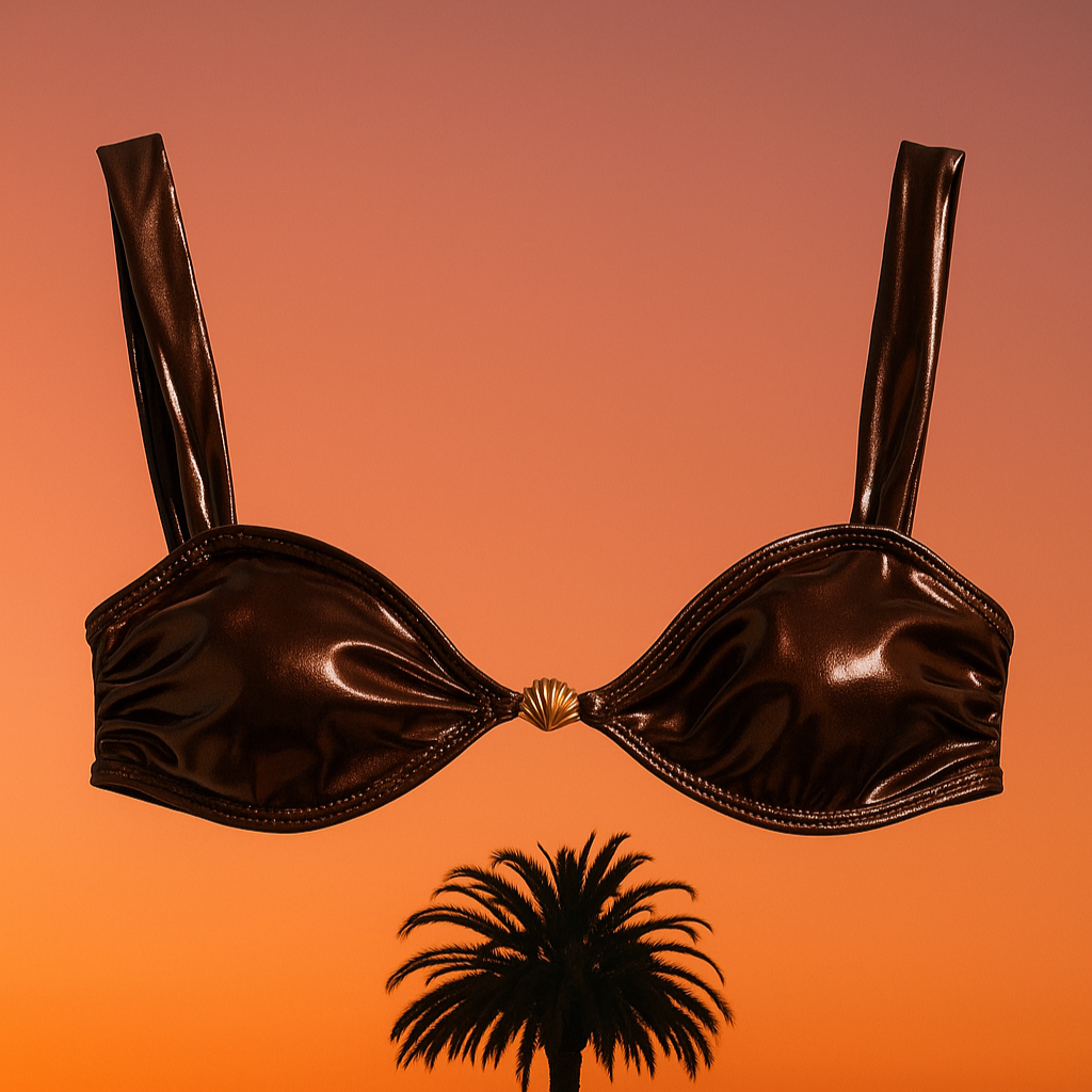 Brown bikini top against an orange sunset sky with a palm tree silhouette.