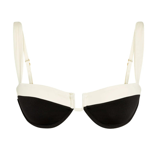 Black and white bikini top on a white background