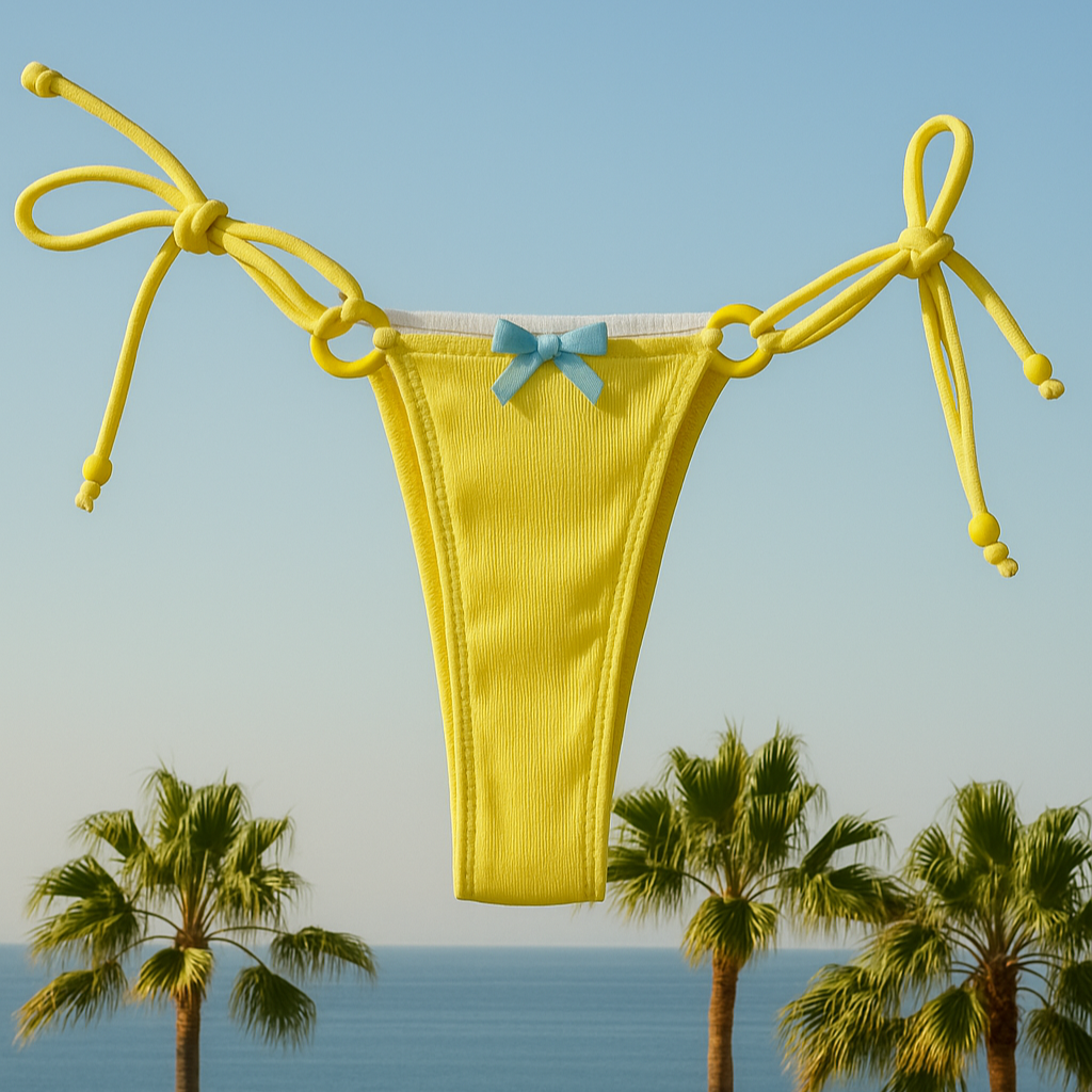 Yellow bikini with blue bow against a clear blue sky and palm trees.