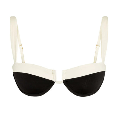 Black and white bikini top on a white background